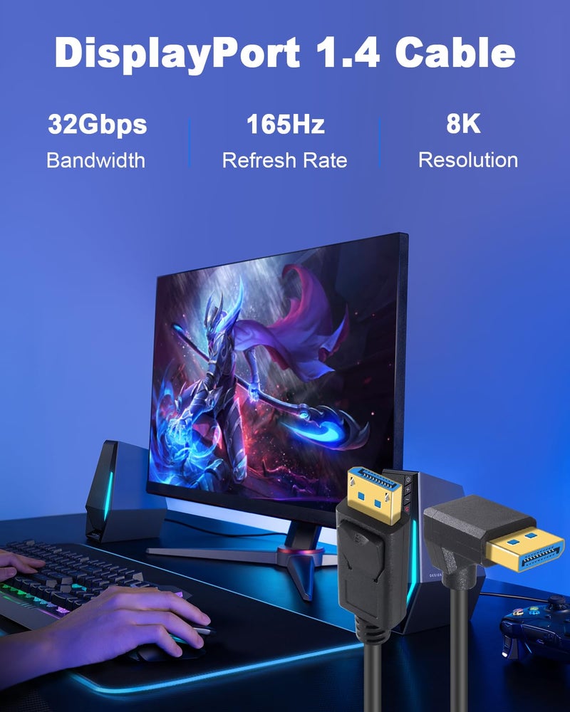 Duttek كابل ديسبلاي بورت بزاوية 90 درجة 1.4 بطول 3 أقدام/1 متر، كابل ديسبلاي بورت 1.4 بدقة 8K، كابل DP ذكر إلى ذكر بشكل L بزاوية 8K/60Hz، متوافق مع 4K/240Hz لأجهزة الكمبيوتر، DVD، معدات الألعاب، أجهزة التلفاز. - Image 3